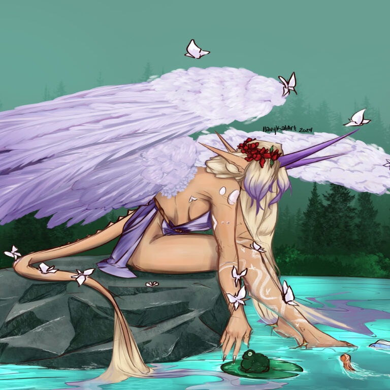 fae girl sitting on a rock in the middle of a lake reacing for a frog