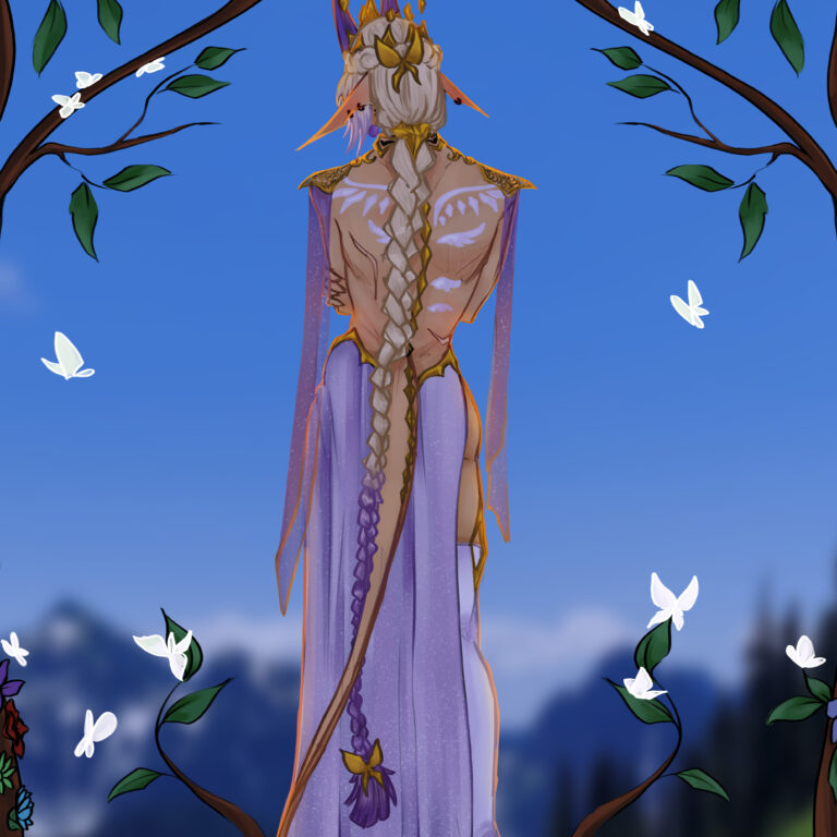 fae queen long platinum braid standing infront of a window overlooking country