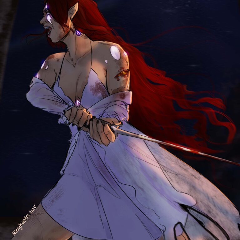 red haired girl running through burning building with a sword in a nightgown