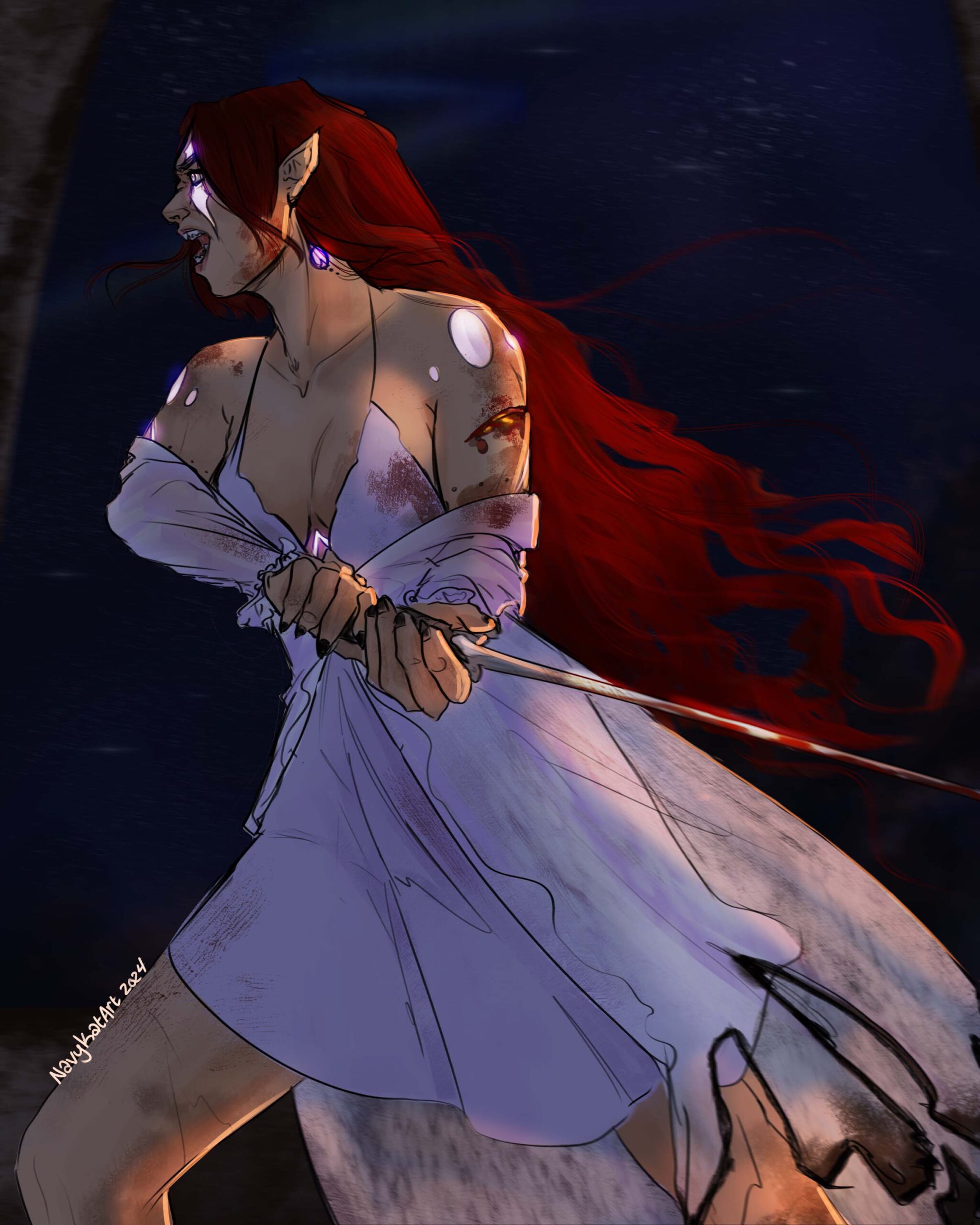 red haired girl running through burning building with a sword in a nightgown