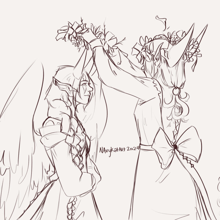 Sketches of two sisters 300 years in the past with flower crowns