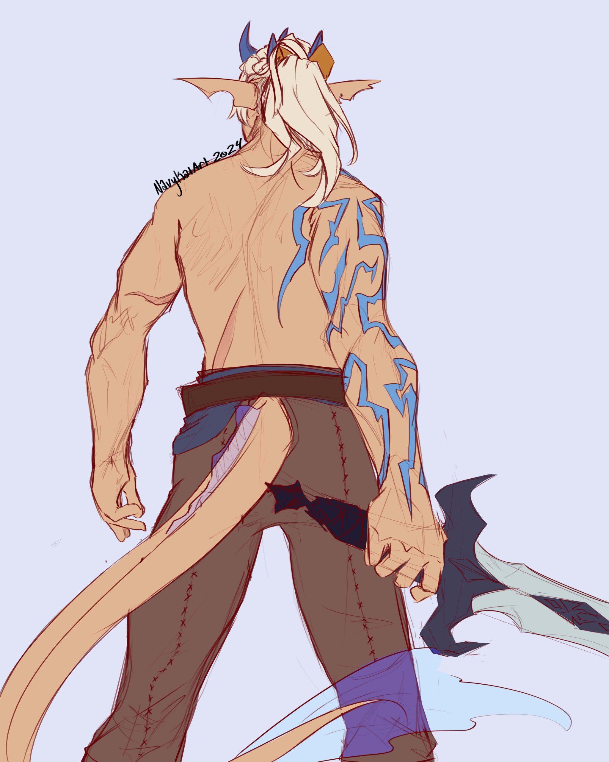 flat colored version of the lightning prince, fae warrior holding a sword while he wields lightning.